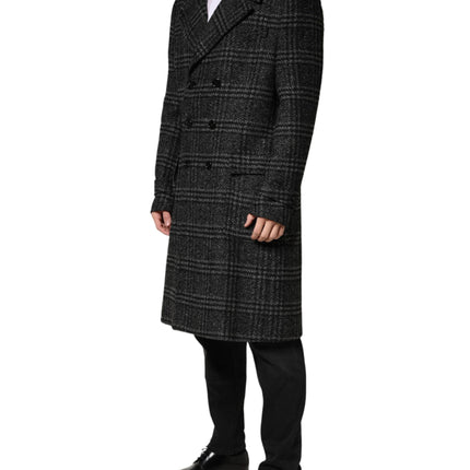 Dolce & Gabbana Grey Double Breasted Plaid Wool Coat Jacket