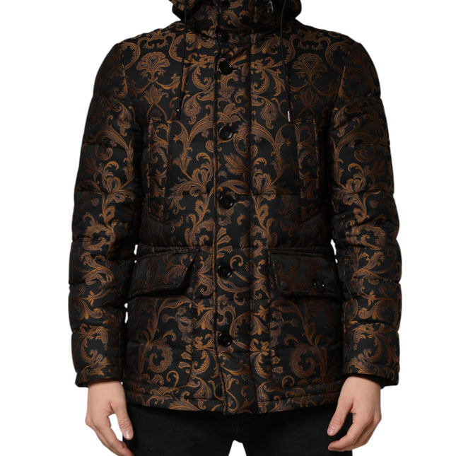 Dolce & Gabbana Black Floral Jacquard Quilted Hooded Jacket