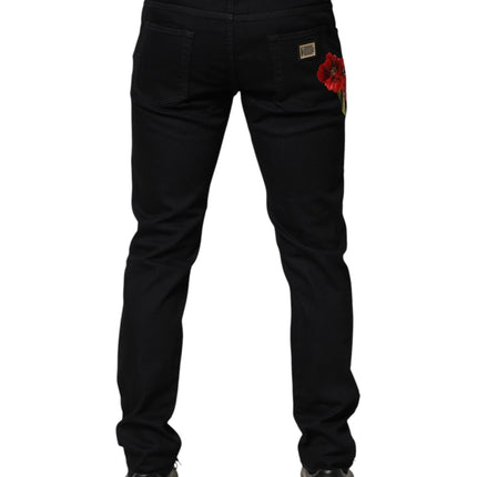 Dolce & Gabbana Black Floral Cotton Skinny Men Denim Jeans