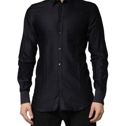 Dolce & Gabbana Black Dotted Cotton Collared GOLD Dress Shirt