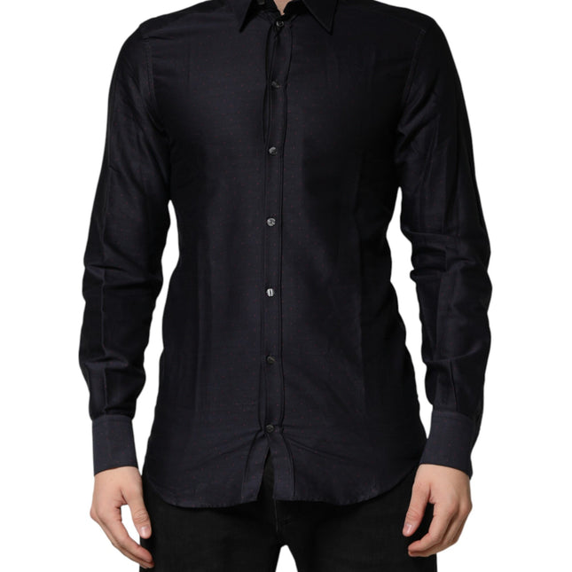 Dolce & Gabbana Black Dotted Cotton Collared GOLD Dress Shirt
