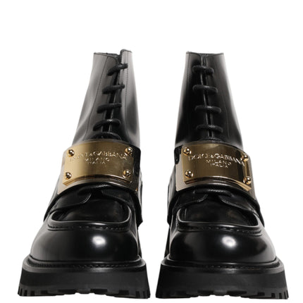 Dolce & Gabbana Black Leather DG Plaque Lace Up Boots Shoes