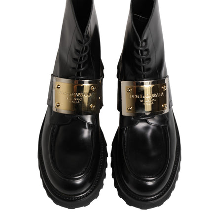 Dolce & Gabbana Black Leather DG Plaque Lace Up Boots Shoes