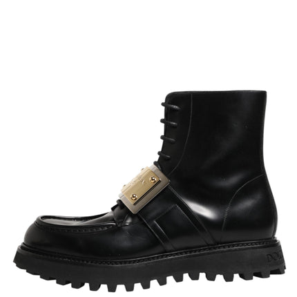 Dolce & Gabbana Black Leather DG Plaque Lace Up Boots Shoes