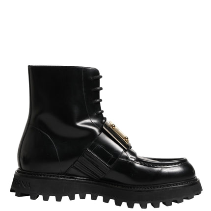 Dolce & Gabbana Black Leather DG Plaque Lace Up Boots Shoes