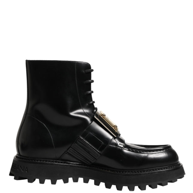 Dolce & Gabbana Black Leather DG Plaque Lace Up Boots Shoes