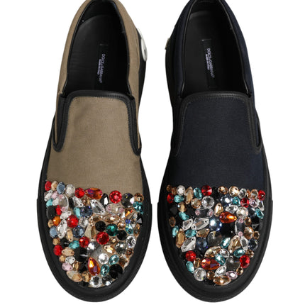 Dolce & Gabbana Blue Canvas Embellished Slip On Men Sneakers Shoes