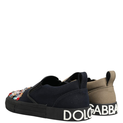 Dolce & Gabbana Blue Canvas Embellished Slip On Men Sneakers Shoes