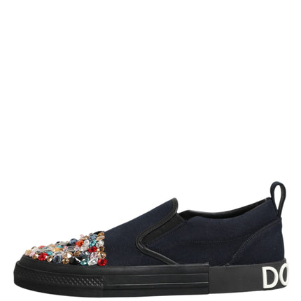 Dolce & Gabbana Blue Canvas Embellished Slip On Men Sneakers Shoes