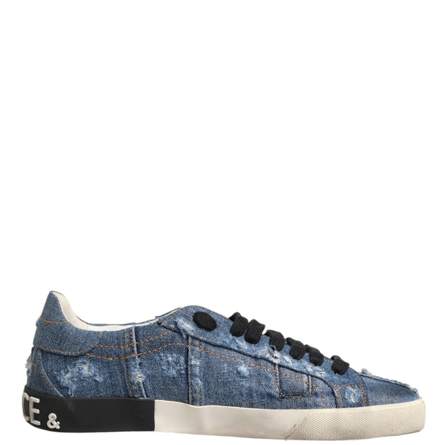 Dolce & Gabbana Blue Distressed Denim Low Top Sneakers Shoes