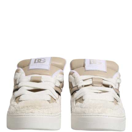 Dolce & Gabbana White Beige Faux Shearling Low Top Sneakers Shoes