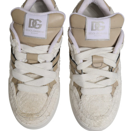 Dolce & Gabbana White Beige Faux Shearling Low Top Sneakers Shoes