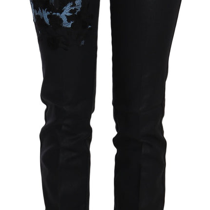 John Galliano Black Swan Floral Embroidered Mid Waist Skinny Denim Jeans