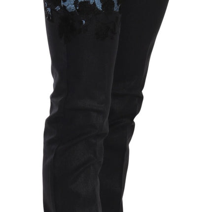 John Galliano Black Swan Floral Embroidered Mid Waist Skinny Denim Jeans