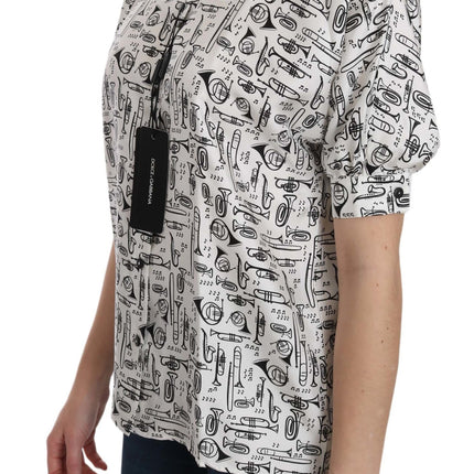 Dolce & Gabbana White Musical Instrument Collared Blouse  Shirt