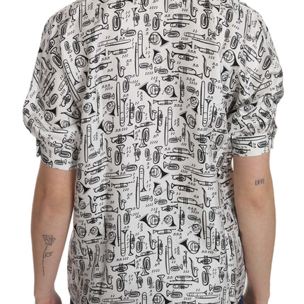 Dolce & Gabbana White Musical Instrument Collared Blouse  Shirt