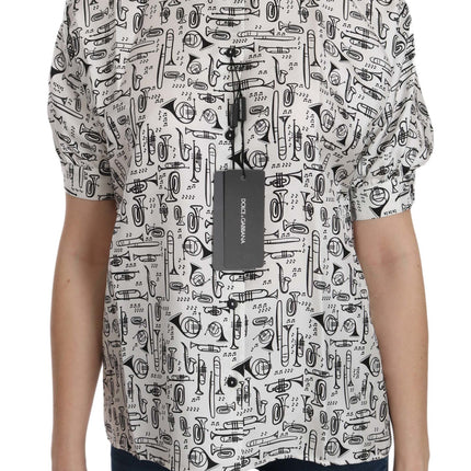 Dolce & Gabbana White Musical Instrument Collared Blouse  Shirt