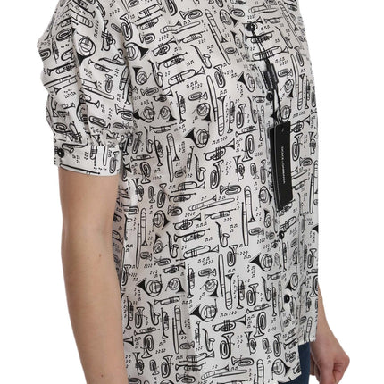 Dolce & Gabbana White Musical Instrument Collared Blouse  Shirt