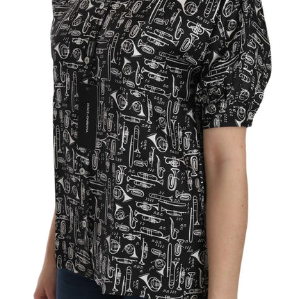 Dolce & Gabbana Black Musical Instrument Collared Blouse Shirt