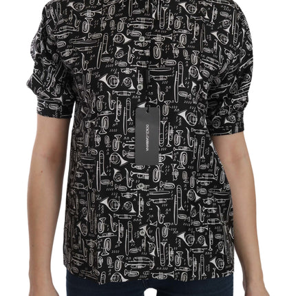 Dolce & Gabbana Black Musical Instrument Collared Blouse Shirt