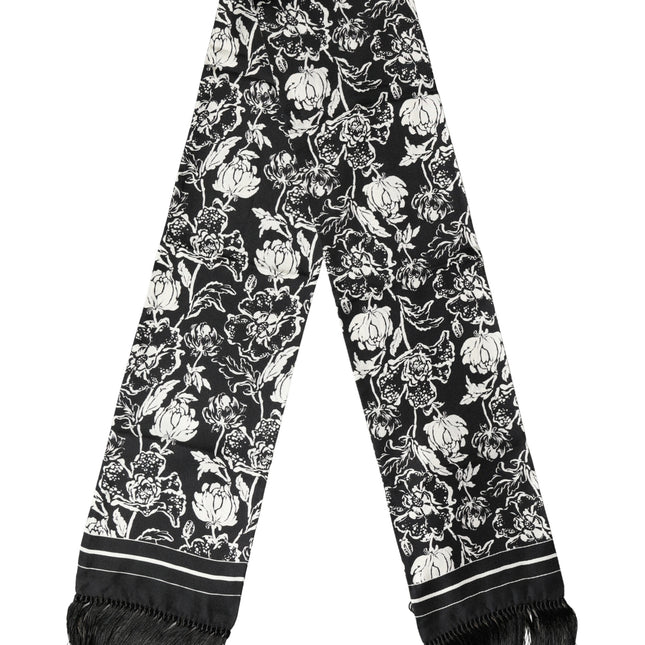 Dolce & Gabbana Black White Silk Floral Print Fringe 136cm X 15.5cm  Scarf