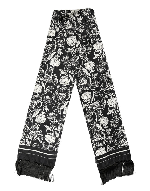 Dolce & Gabbana Black White Silk Floral Print Fringe 136cm X 15.5cm  Scarf