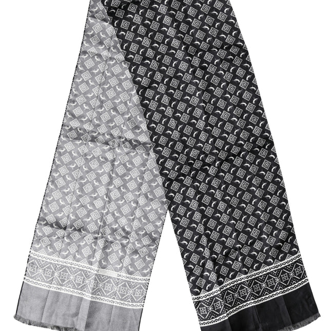 Dolce & Gabbana Black Gray Silk Bird Fringe Wrap Foulard 140cm X 23cm Scarf
