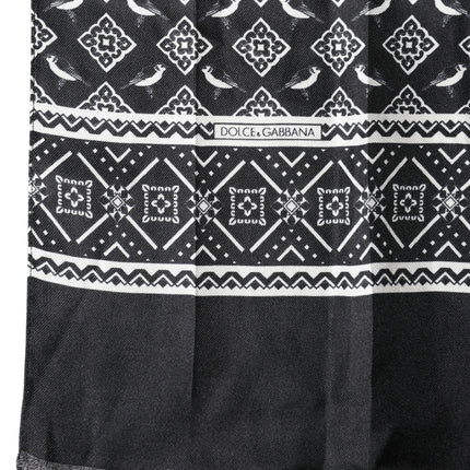 Dolce & Gabbana Black Gray Silk Bird Fringe Wrap Foulard 140cm X 23cm Scarf