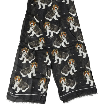 Dolce & Gabbana Black Dog Print Modal Wool Wrap Foulard 178cm X 63cm Scarf