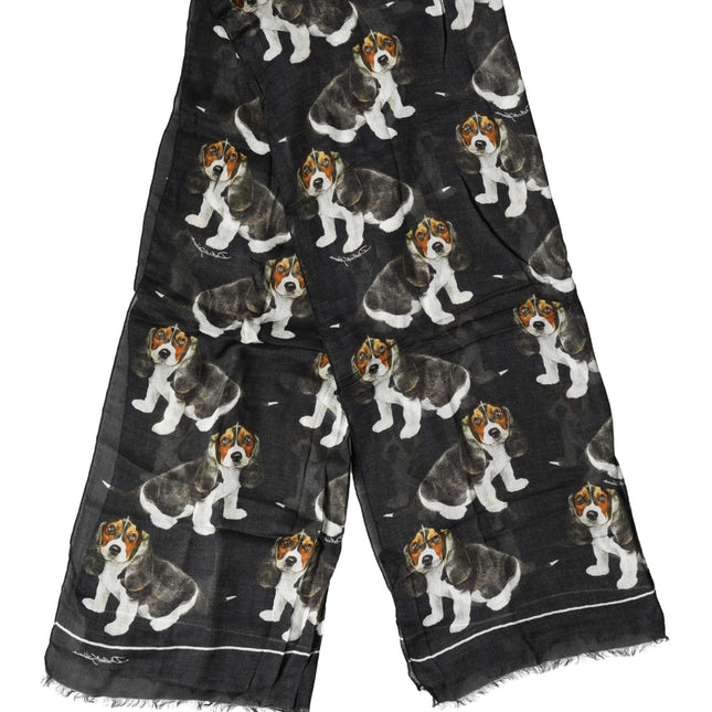 Dolce & Gabbana Black Dog Print Modal Wool Wrap Foulard 178cm X 63cm Scarf