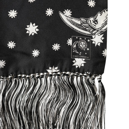 Dolce & Gabbana Black Silk Sun Moon Star Fringe Foulard 178cm X 33cm Scarf