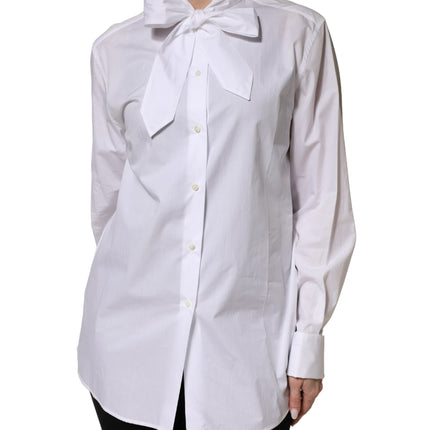 Dolce & Gabbana White Cotton Bow Tie Long Sleeves Blouse Top