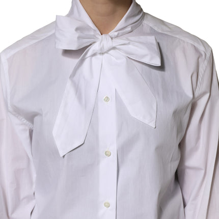 Dolce & Gabbana White Cotton Bow Tie Long Sleeves Blouse Top