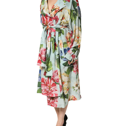 Dolce & Gabbana Green Floral Silk Wrap Midi Long Sleeve Dress