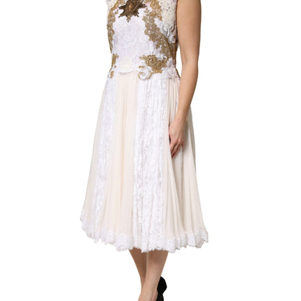 Dolce & Gabbana Ivory Lace Silk Embellished Sleeveless  Dress