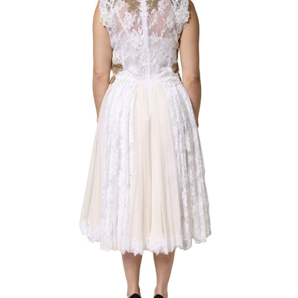 Dolce & Gabbana Ivory Lace Silk Embellished Sleeveless  Dress