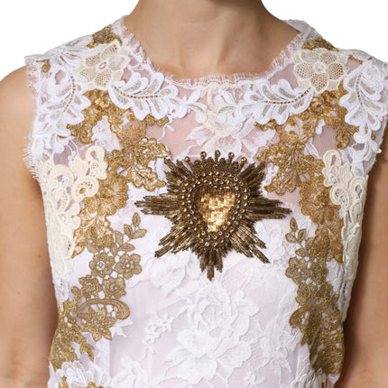 Dolce & Gabbana Ivory Lace Silk Embellished Sleeveless  Dress