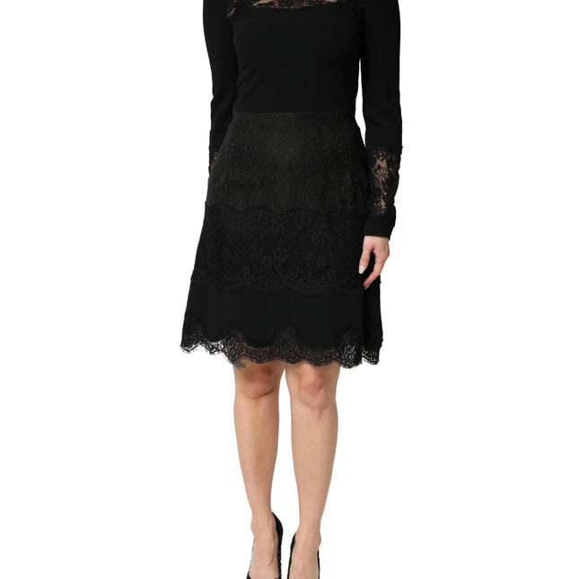 Dolce & Gabbana Black Lace Sheer Panel Midi Long Sleeve  Dress