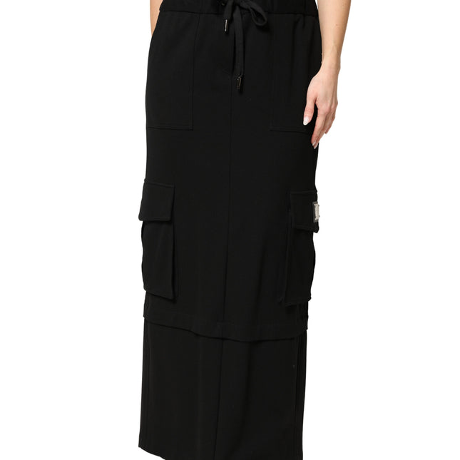 Dolce & Gabbana Black Cotton Drawstring Long Maxi Cargo Skirt