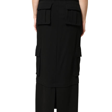 Dolce & Gabbana Black Cotton Drawstring Long Maxi Cargo Skirt