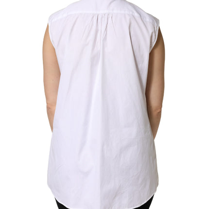 Dolce & Gabbana White Cotton Pleated Sleeveless Button Down Top