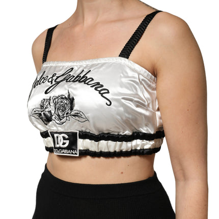 Dolce & Gabbana White Silk Satin Crop Black Logo Bralette Top