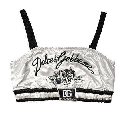 Dolce & Gabbana White Silk Satin Crop Black Logo Bralette Top