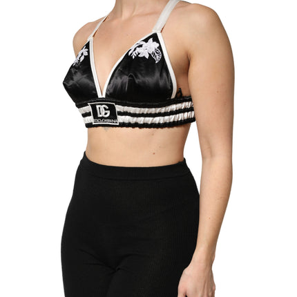 Dolce & Gabbana Black Floral Silk Satin Crop Logo Bralette Top