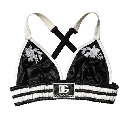 Dolce & Gabbana Black Floral Silk Satin Crop Logo Bralette Top