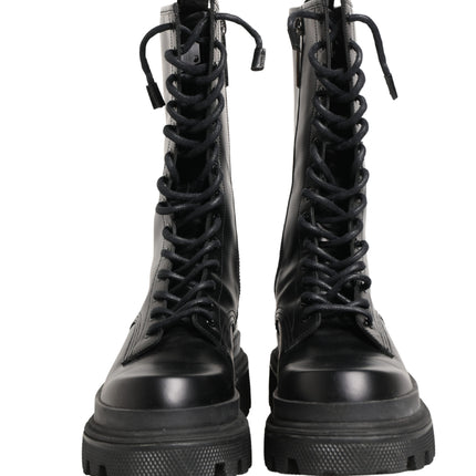 Dolce & Gabbana Black Leather Trek Sole Combat Boots Shoes