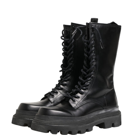 Dolce & Gabbana Black Leather Trek Sole Combat Boots Shoes