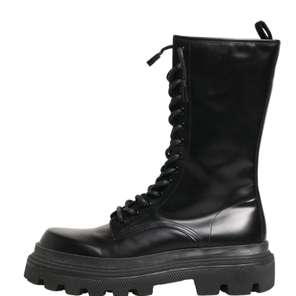 Dolce & Gabbana Black Leather Trek Sole Combat Boots Shoes