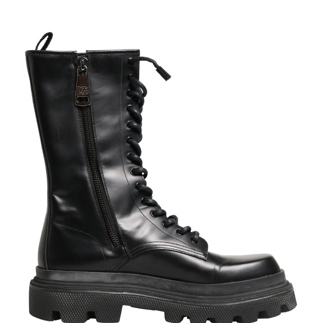Dolce & Gabbana Black Leather Trek Sole Combat Boots Shoes