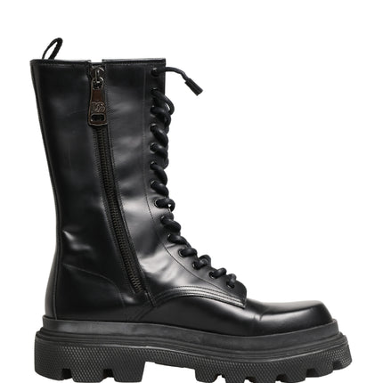 Dolce & Gabbana Black Leather Trek Sole Combat Boots Shoes